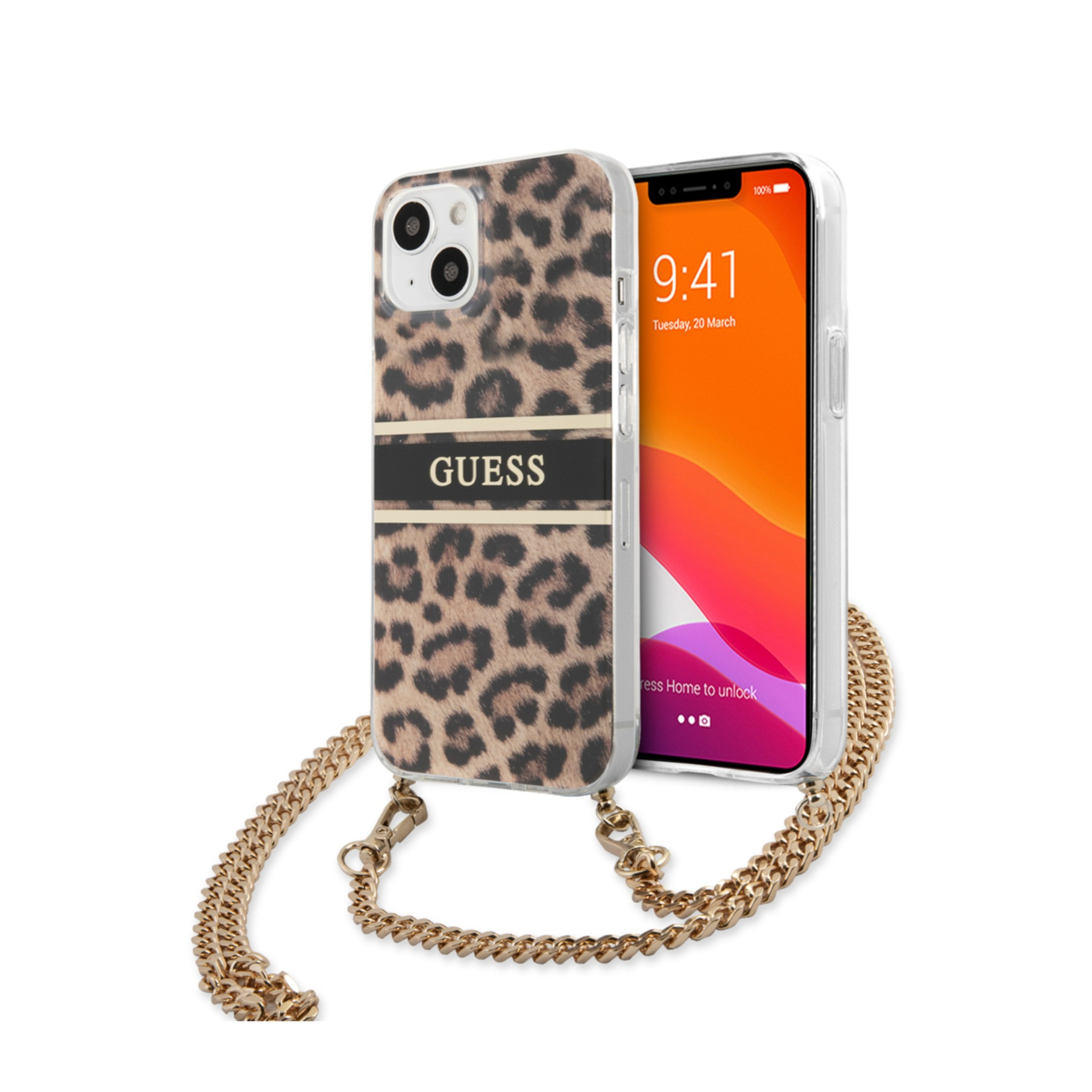 Image of Guess - iPhone 13 Necklace Hardcase Hülle Air Cushion Chain Leopard + Handykette (GUHCP13MKBCLE) - Gold bei Apfelkiste.ch
