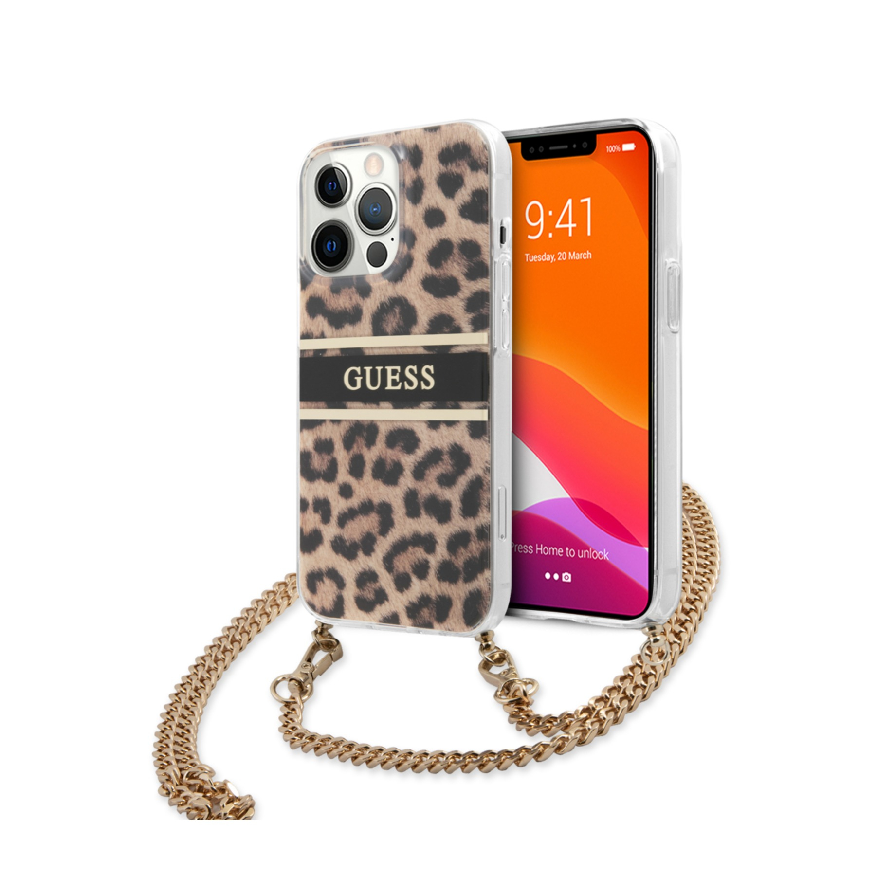 Image of Guess - iPhone 13 Pro Necklace Hardcase Hülle Air Cushion Chain Leopard + Handykette (GUHCP13LKBCLE) - Gold bei Apfelkiste.ch