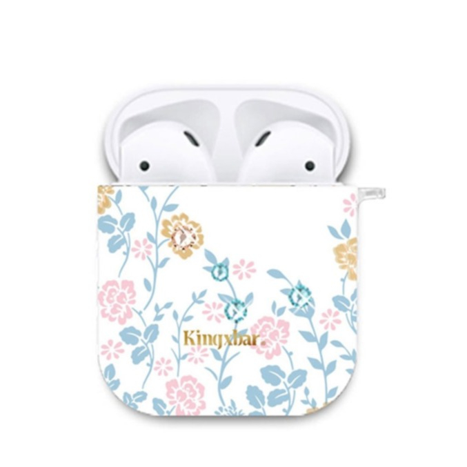Image of AirPods (1. & 2. Generation) Hardcase Schutzhülle Abdeckung im Glitzer Blumen Design (Swarovski-Elements) - Blau / Pink bei Apfelkiste.ch