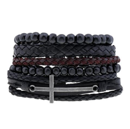 Image of Mehrreihiges Leder Herren Armband Set Kreuz - Schwarz bei Apfelkiste.ch