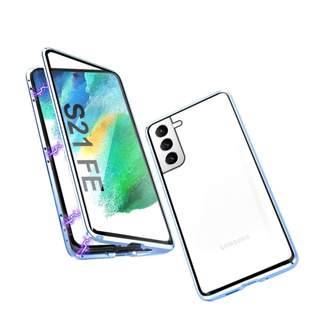 Image of Samsung Galaxy S21 FE 5G Magnetische Alu Schutzhülle mit Panzer Glas Backcover + Displayschutz (Magnet-Technologie) - Hellblau bei Apfelkiste.ch
