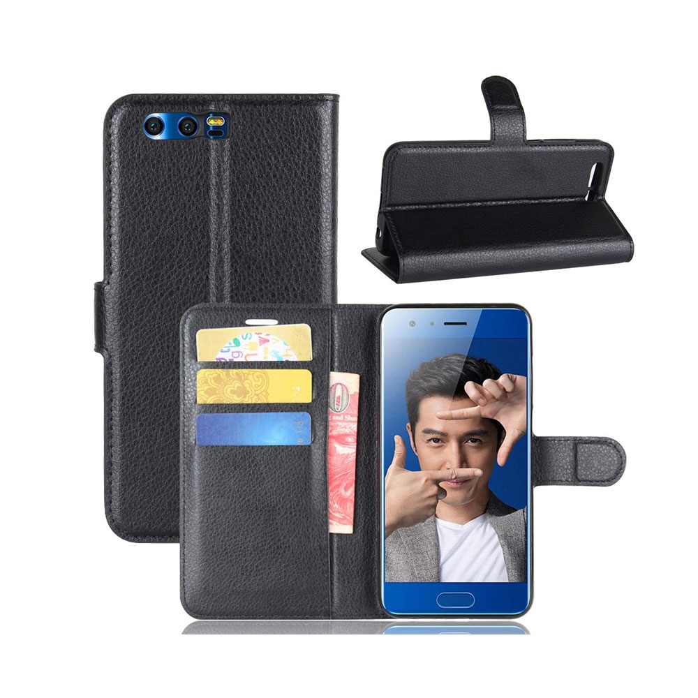 Huawei Honor 9 Leder Tasche Karten Etui Litchi Look - Schwarz