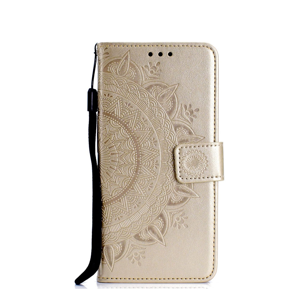 Huawei Nova 5T / Honor 20 Leder Tasche mit Kartenfach + Handschlaufe Blumen Mandala - Gold