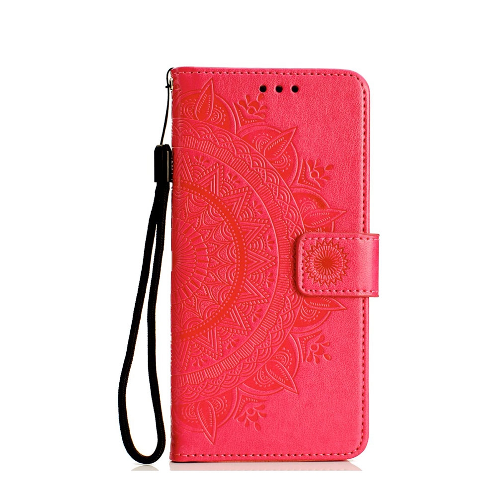 Huawei Nova 5T / Honor 20 Leder Tasche mit Kartenfach + Handschlaufe Blumen Mandala - Rot