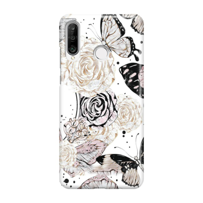 Huawei P30 Lite New Edition / P30 Lite Hardcase Schutzhülle Blumen Schmetterling - Weiss / Rosa
