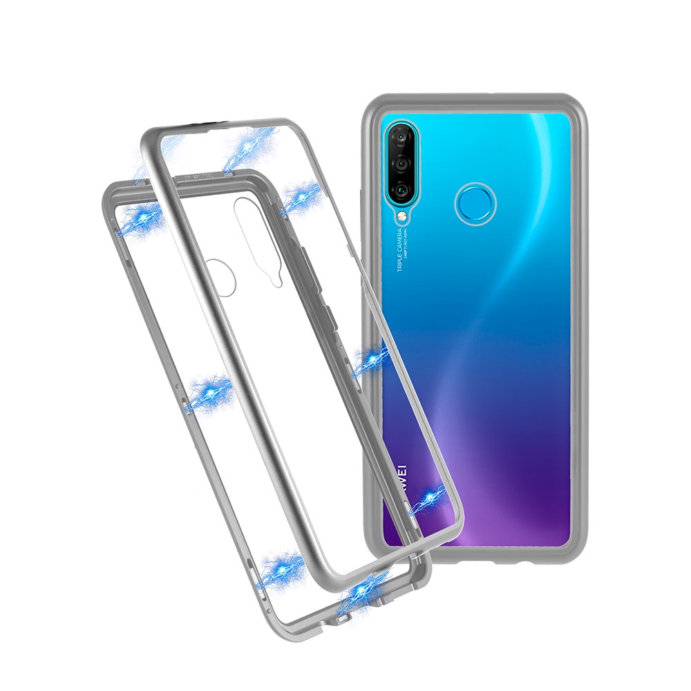 Image of Huawei P30 Lite New Edition / P30 Lite Magnetische Alu Schutzhülle mit Panzer Glas Backcover (Magnet-Technologie) - Silber bei Apfelkiste.ch