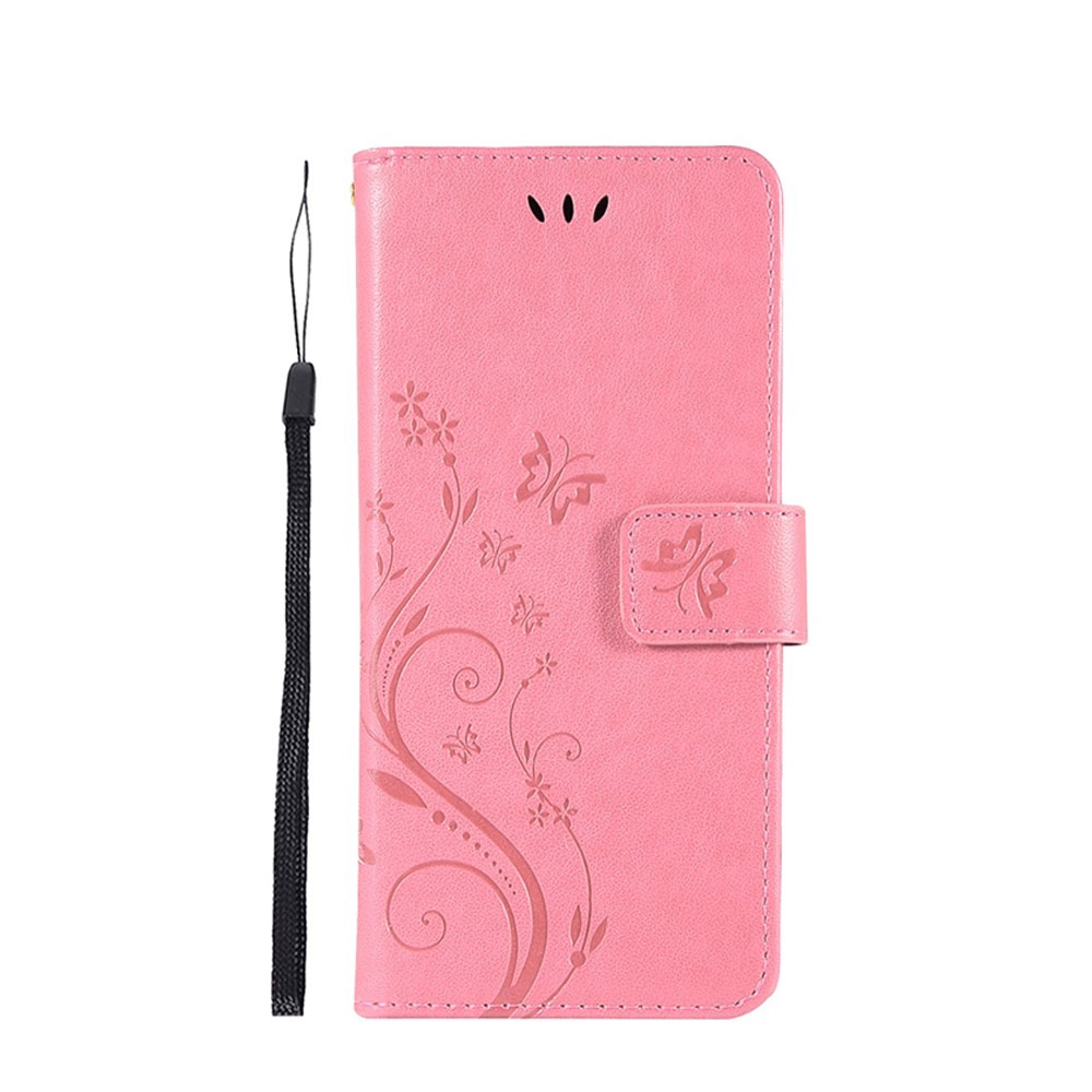 Huawei P30 Pro New Edition / P30 Pro Leder Tasche mit Kartenfach + Handschlaufe Butterfly Flowers - Rosa