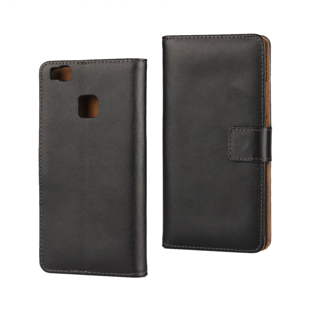 Huawei P9 Lite Echtleder Tasche Hülle Flip Cover mit Kartenfach - Schwarz