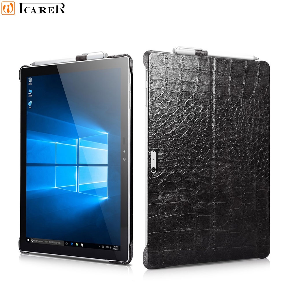Microsoft Surface Pro 4 Echtleder Hardcase Hülle mit Pencil Halterung Kroko Look - Schwarz