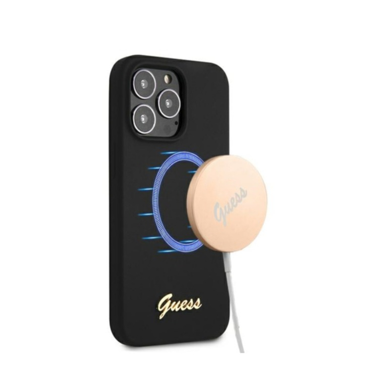 Image of Guess - iPhone 13 Pro MagSafe Silikon Hardcase Hülle Vintage Script (GUHMP13LLSLMGBK) - Schwarz / Gold bei Apfelkiste.ch