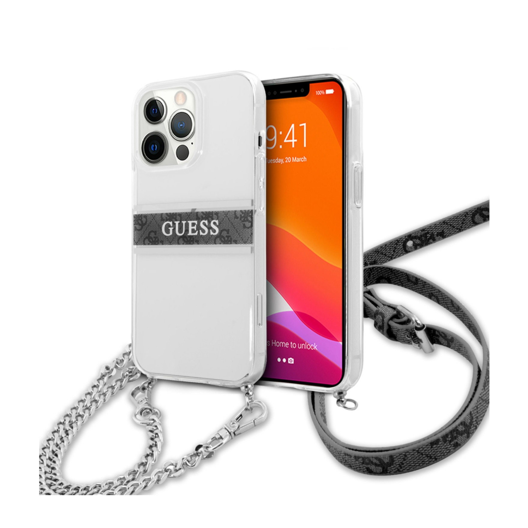 Image of Guess - iPhone 13 Pro Necklace Hardcase Hülle Crossbody + Leder Handykette (GUHCP13LKC4GBSI) - Transparent / Grau bei Apfelkiste.ch