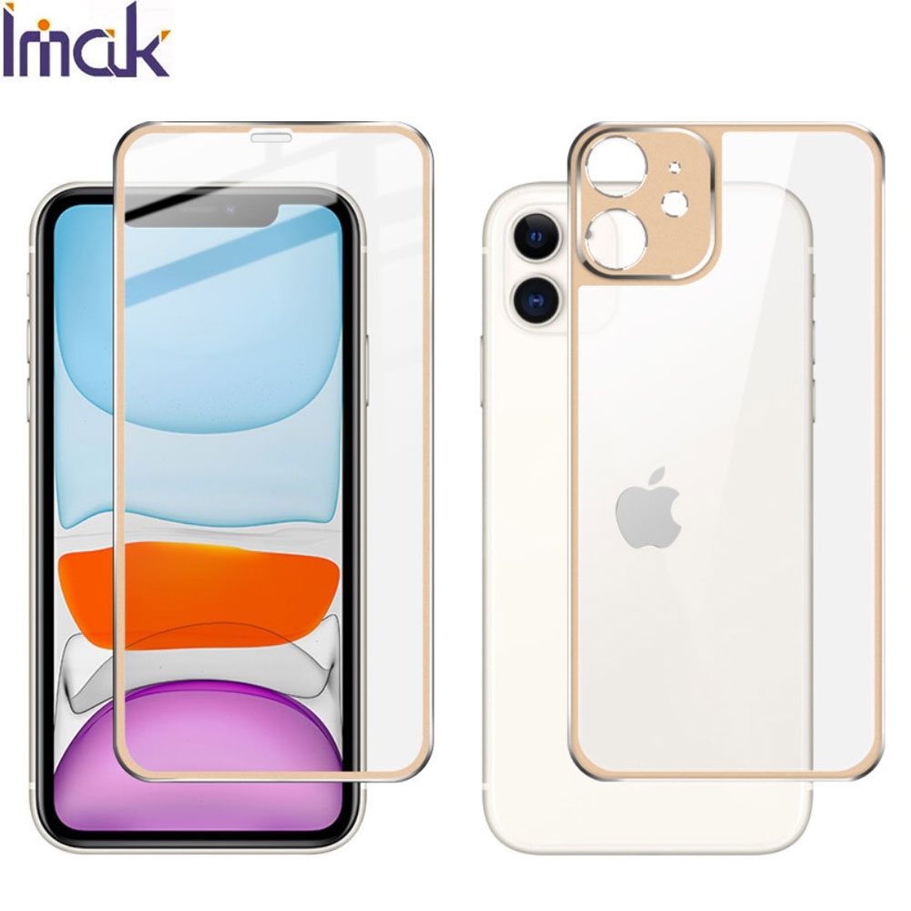 (2er Set) IMAK - iPhone 11 Vollbild 360° Panzer Glas Display Schutzfolie mit Metall Rahmen (1x Front / 1x Back) 0.3mm - Gold