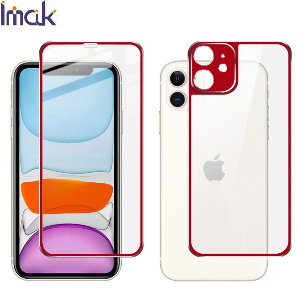 (2er Set) IMAK - iPhone 11 Vollbild 360° Panzer Glas Display Schutzfolie mit Metall Rahmen (1x Front / 1x Back) 0.3mm - Rot