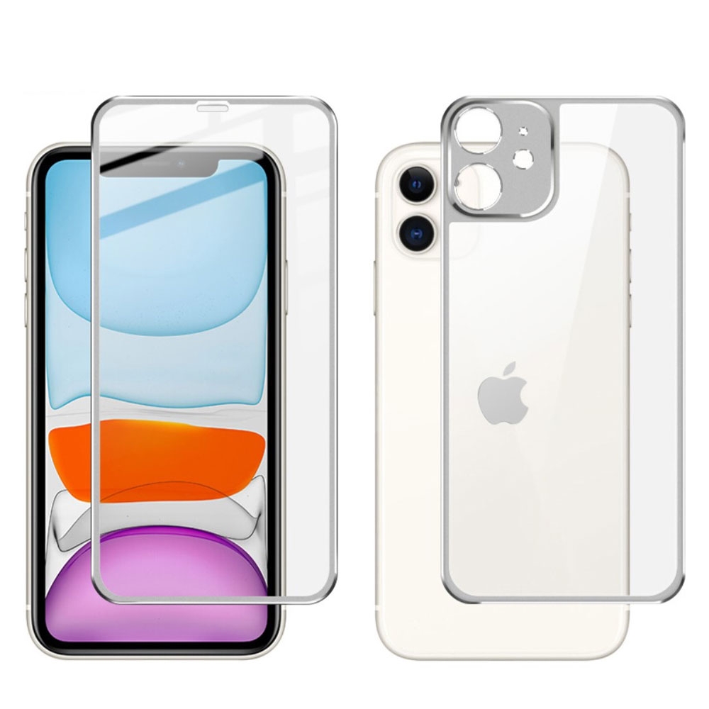 Image of (2er Set) IMAK - iPhone 11 Vollbild 360° Panzer Glas Display Schutz mit Metall Rahmen (1x Front / 1x Back) 0.3mm - Silber bei Apfelkiste.ch