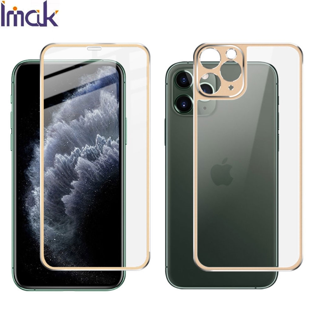 (2er Set) IMAK - iPhone 11 Pro Max Vollbild 360° Panzer Glas Display Schutzfolie mit Metall Rahmen (1x Front / 1x Back) 0.3mm - Gold