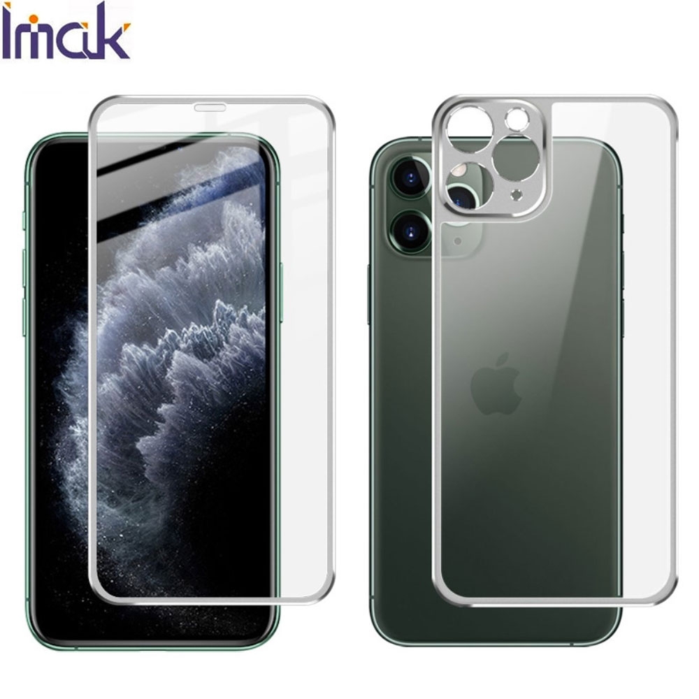 (2er Set) IMAK - iPhone 11 Pro Max Vollbild 360° Panzer Glas Display Schutzfolie mit Metall Rahmen (1x Front / 1x Back) 0.3mm - Silber