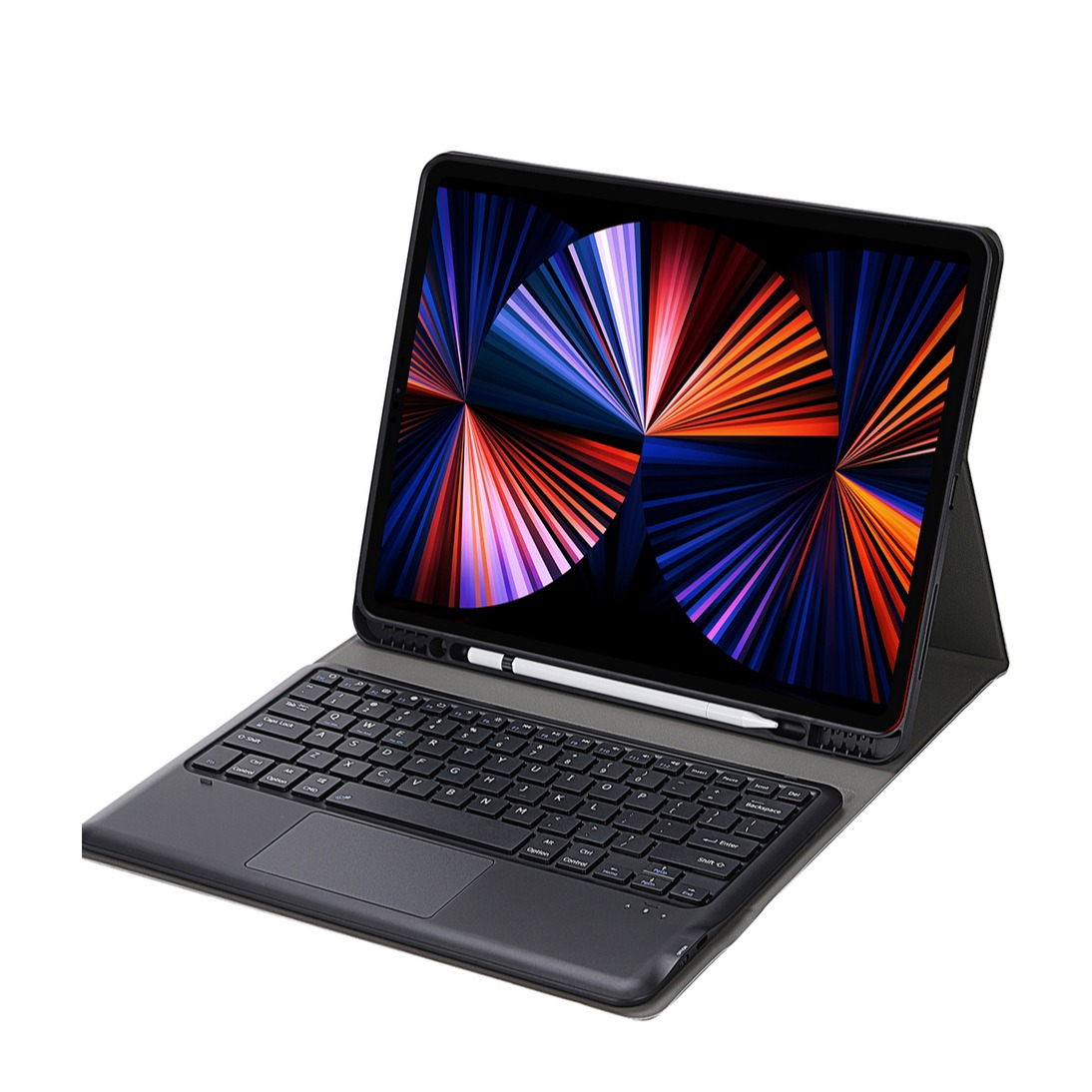 Image of iPad Pro 12.9" (2021/2020/2018) Leder Tasche mit Bluetooth Tastatur mit Spritzwasserfester Tastaturabdeckung + Apple Pencil Halter - Schwarz bei Apfelkiste.ch