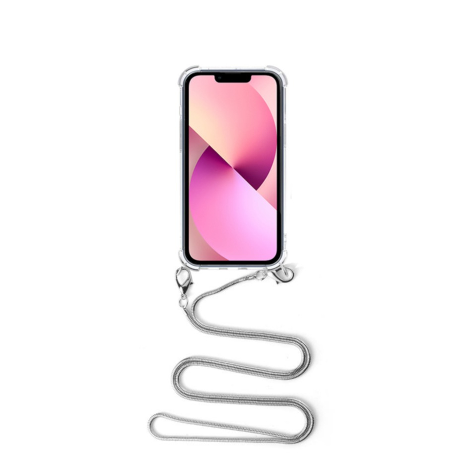 Image of Apfelkiste © - iPhone 13 Mini Necklace Gummi Hülle Air Cushion Fallschutz + Schlangenkette (1.2m) - Silber bei Apfelkiste.ch