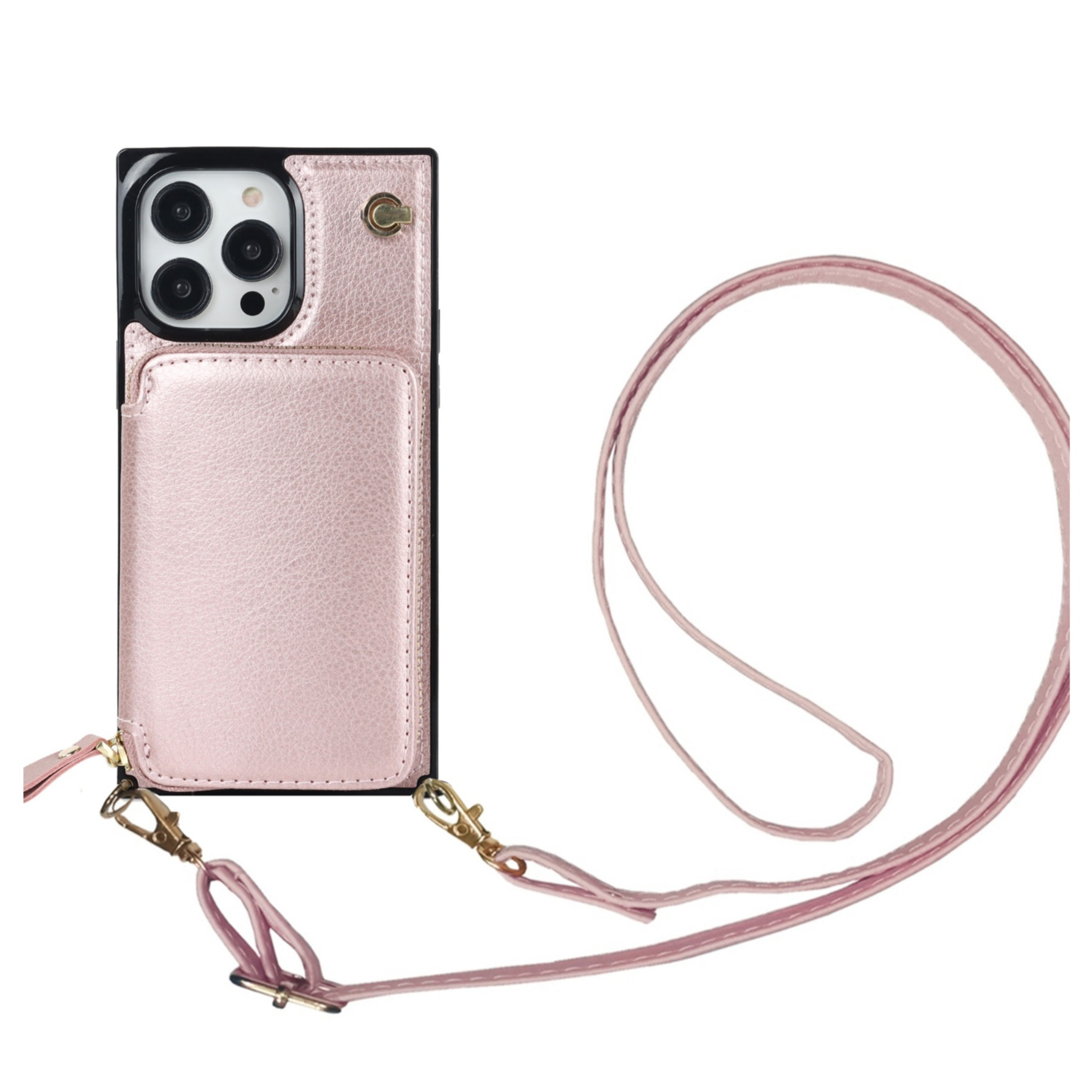 iPhone 14 Pro Max Necklace Leder Hülle Kartenfächer Rosa