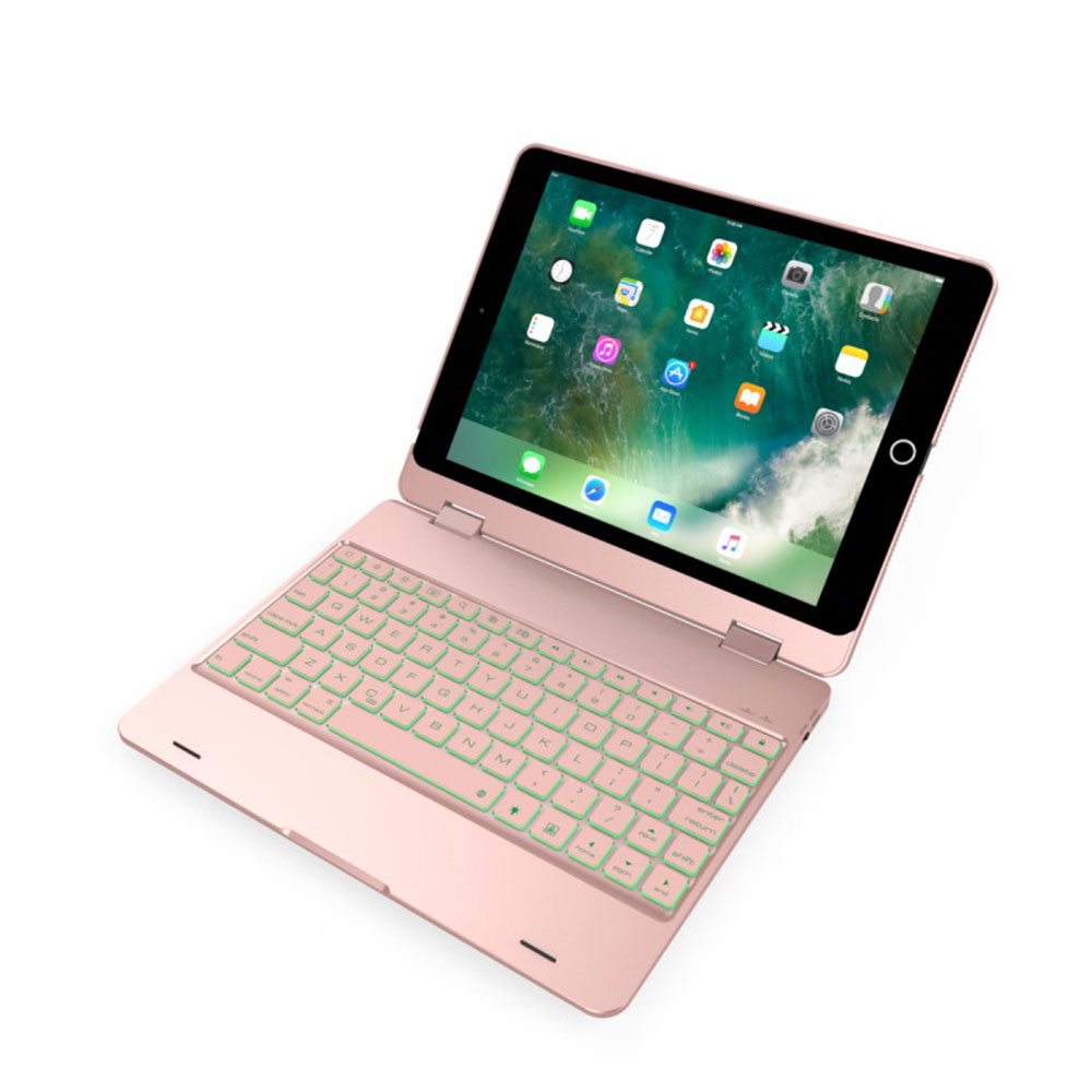 Image of iPad 9.7" (2018/2017) / iPad Air 2 / iPad Air 180° Flip Schutzhülle mit Bluetooth Tastatur (QWERTY) LED Backlight - Roségold bei Apfelkiste.ch