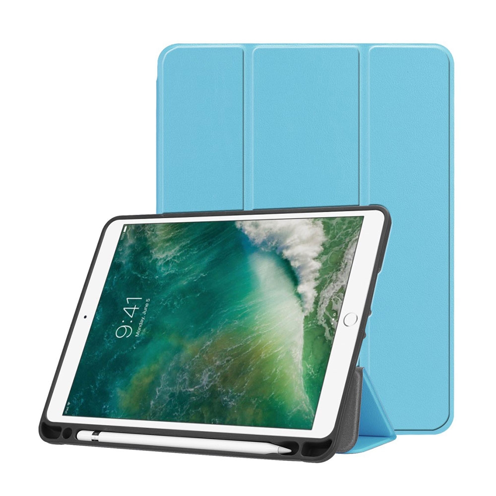 Image of iPad 9.7" (2018/2017) Leder Tasche Smart Case Hülle + Apple Pencil Halter - Blau bei Apfelkiste.ch
