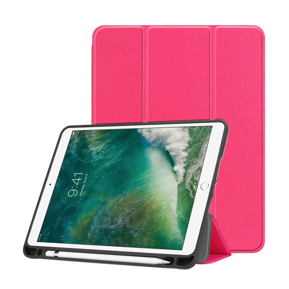 Image of iPad 9.7" (2018/2017) Leder Tasche Smart Case Hülle + Apple Pencil Halter - Pink bei Apfelkiste.ch