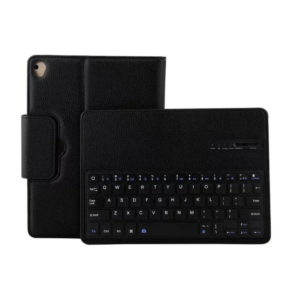 Image of iPad 9.7" (2018/2017) / iPad Pro 9.7" / iPad Air 2 / iPad Air Leder Tasche mit abnehmbarer Bluetooth Tastatur im Litchi Look - Schwarz bei Apfelkiste.ch