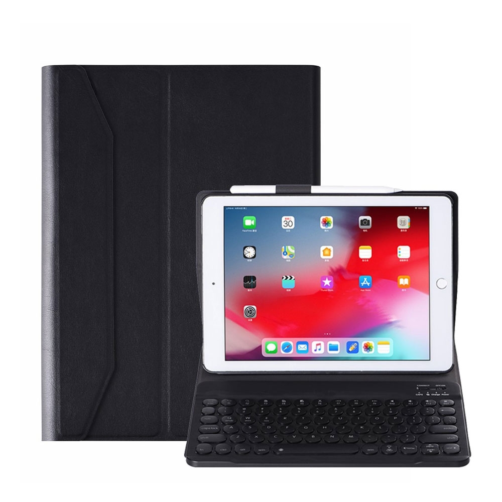 Image of iPad 9.7" (2018/2017) / iPad Pro 9.7 / iPad Air 2 Leder Tasche mit Bluetooth Tastatur (QWERTY) Hintergrundbeleuchtung + Pencil Halterung - Schwarz bei Apfelkiste.ch
