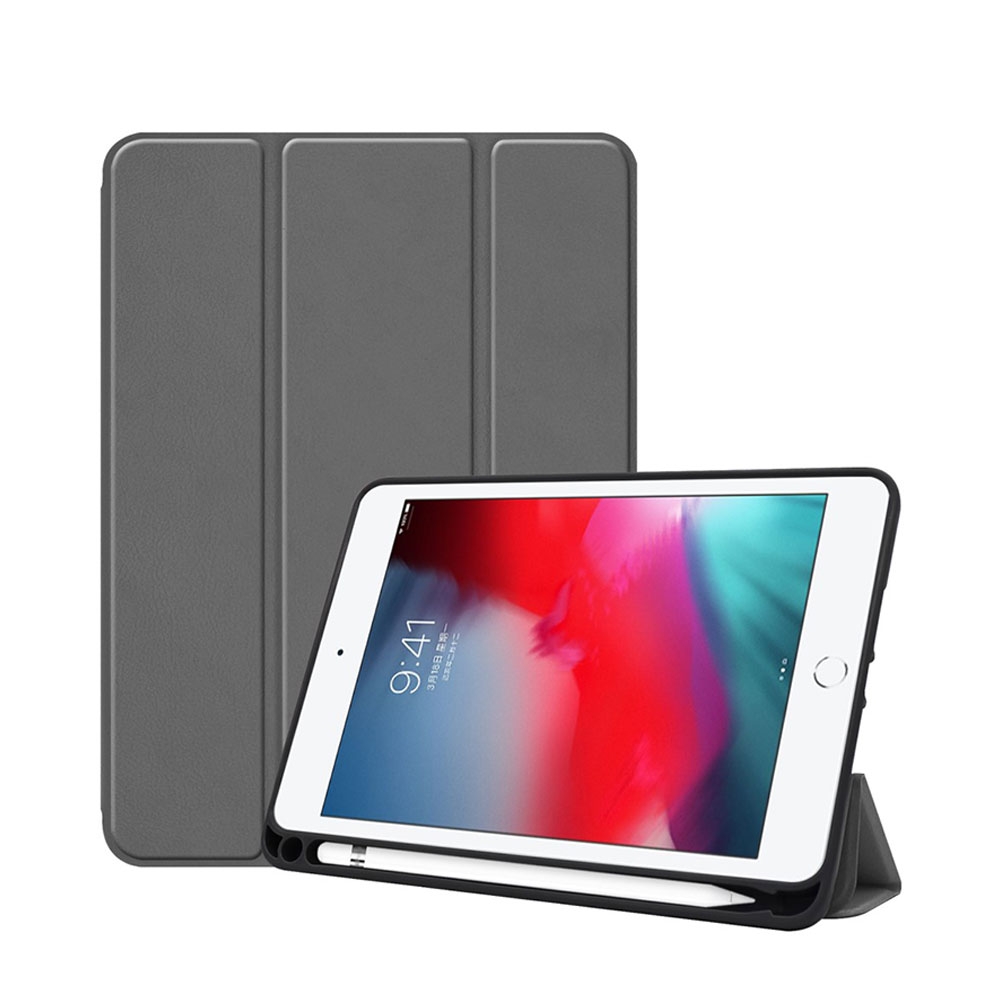 Image of iPad Mini 5 (2019) / iPad Mini 4 Leder Tasche Smart Case Hülle + Apple Pencil Halterung - Grau bei Apfelkiste.ch