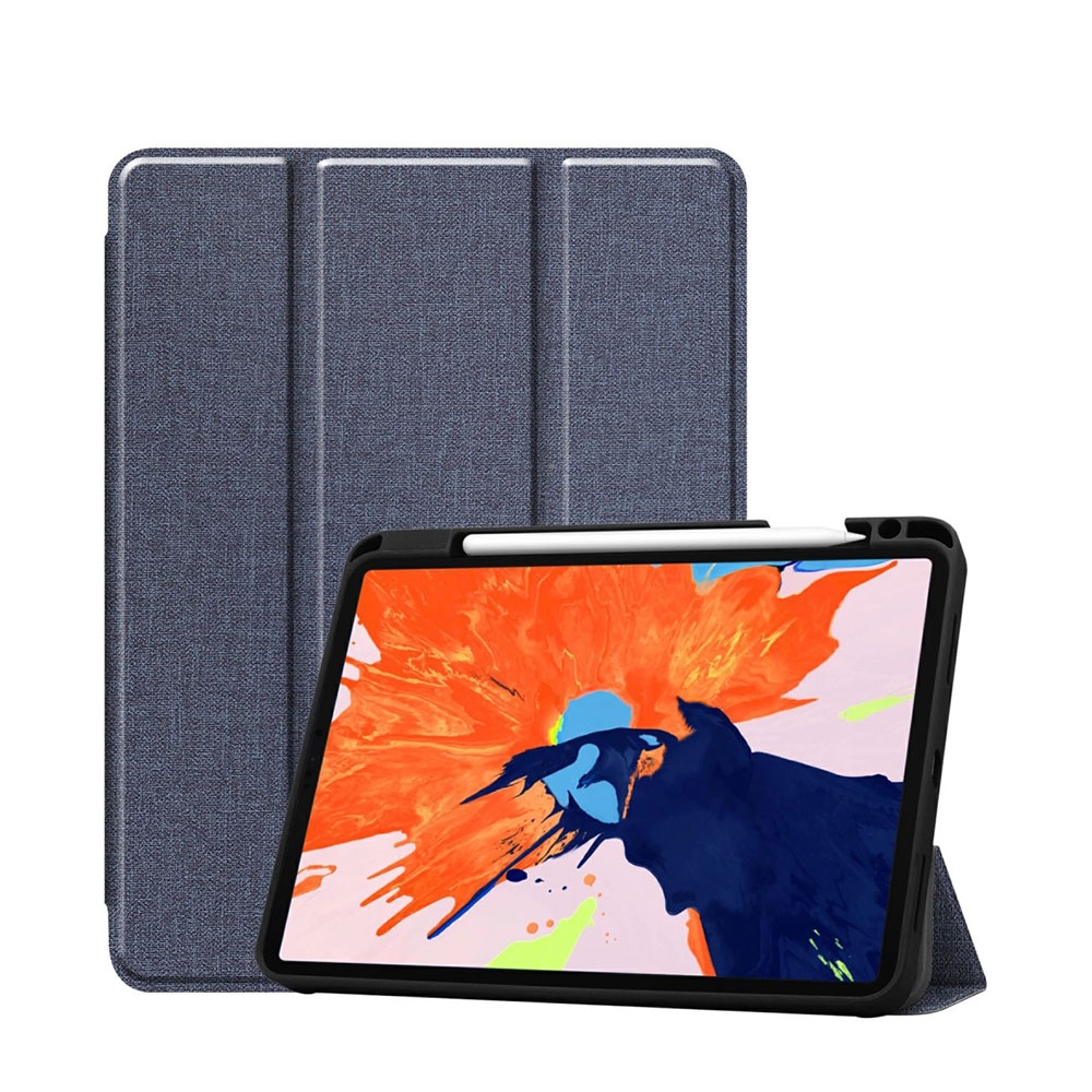 Image of iPad Pro 12.9" (2020) Leder Tasche Smart Case Hülle im Jeans Look + Apple Pencil Halterung - Blau bei Apfelkiste.ch
