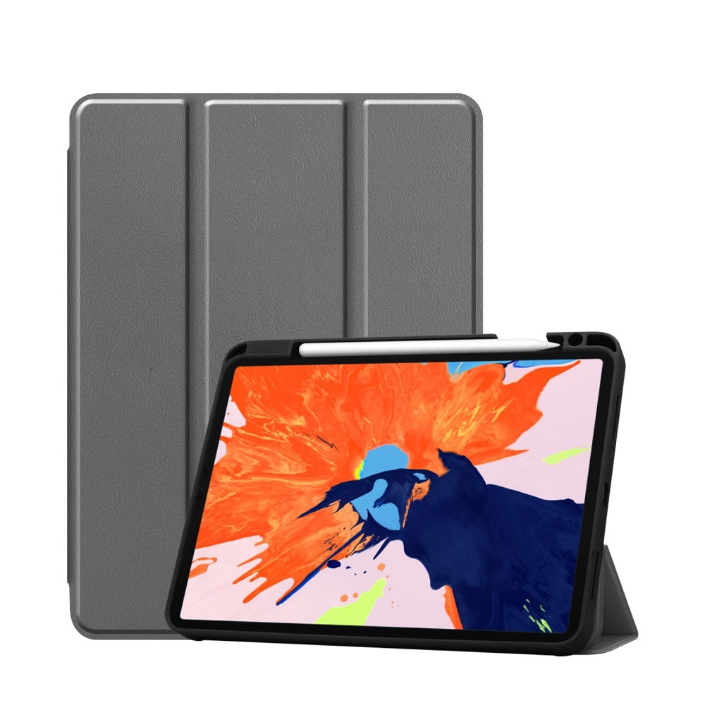 Image of iPad Pro 12.9" (2020/2018) Leder Tasche Smart Cover Schutzhülle + Apple Pencil Halter - Grau bei Apfelkiste.ch