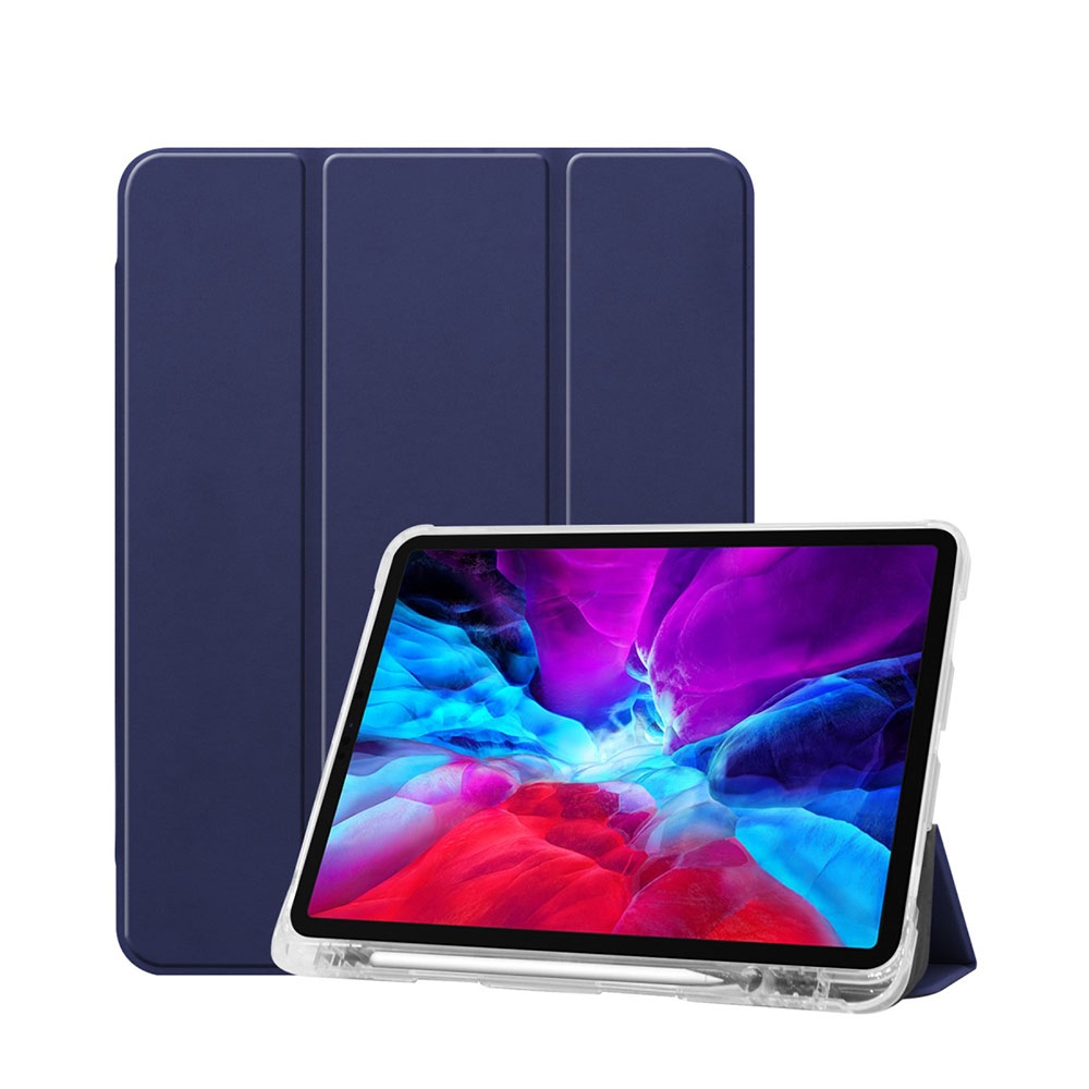 Image of iPad Pro 12.9" (2020/2018) Smart Cover Hülle Gummi Case + Apple Pencil Halterung - Dunkelblau / Transparent bei Apfelkiste.ch