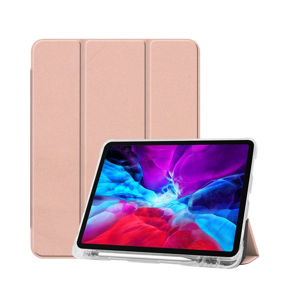 Image of iPad Pro 12.9" (2020/2018) Smart Cover Hülle Gummi Case + Apple Pencil Halterung - Roségold / Transparent bei Apfelkiste.ch