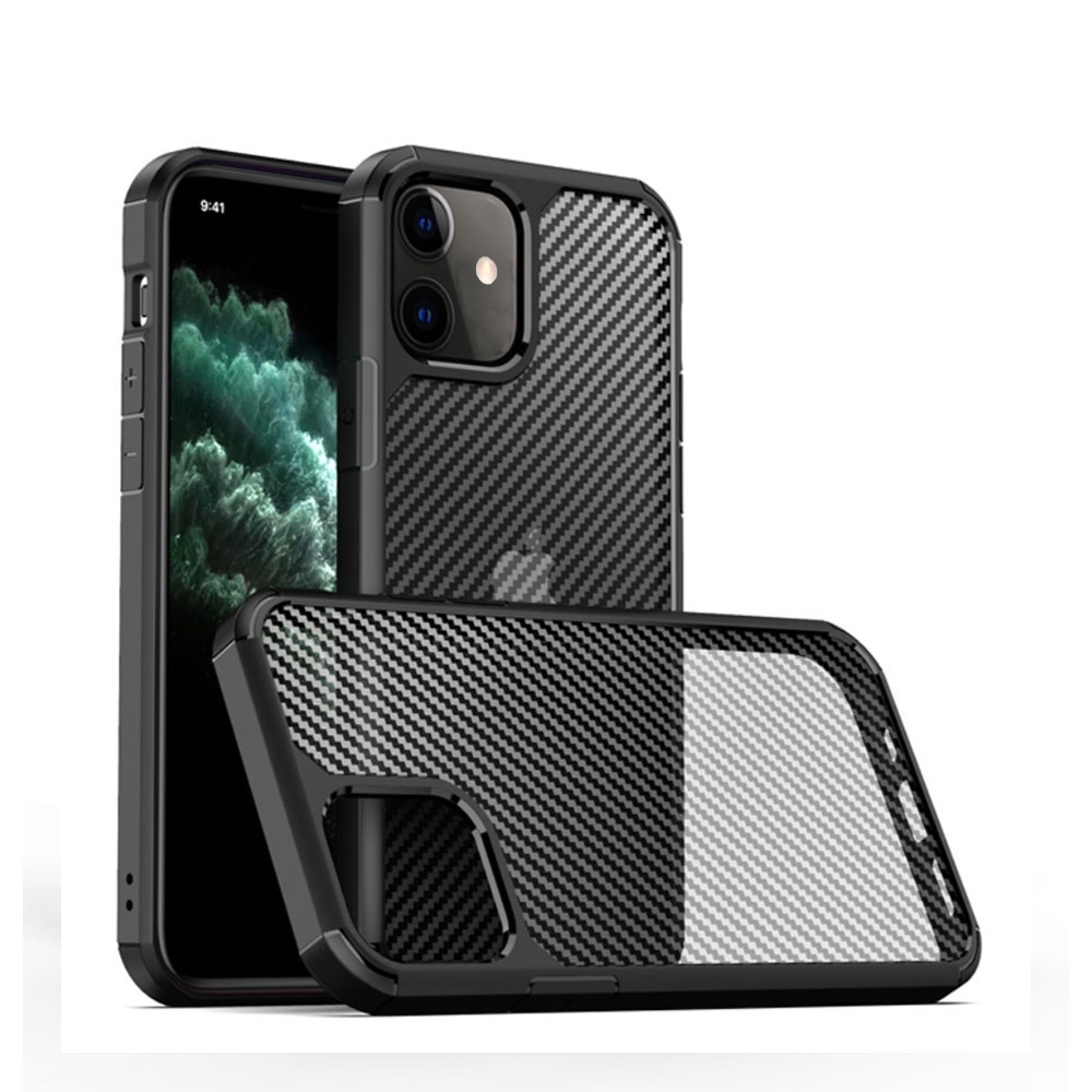 Image of IPAKY - iPhone 12 Mini Hybrid TPU Bumper Case Schutz Hülle Carbon Look - Schwarz / Transparent bei Apfelkiste.ch