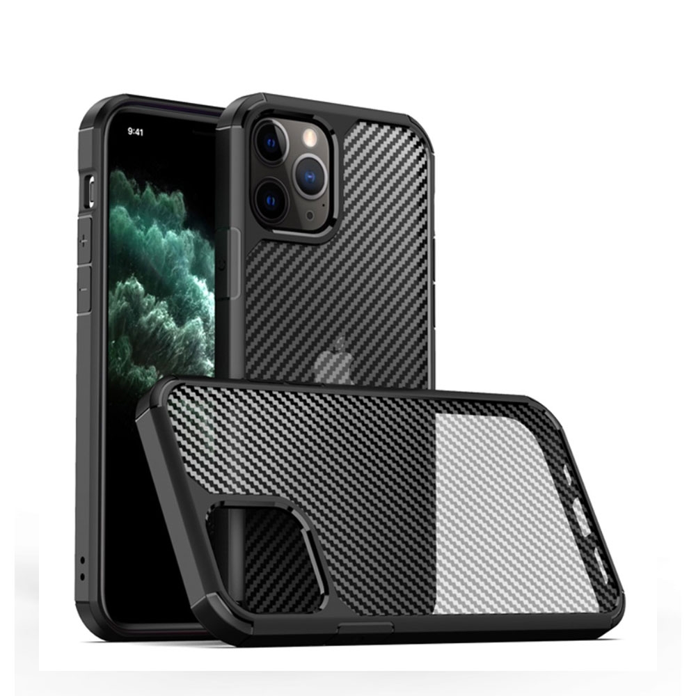 Image of IPAKY - iPhone 12 Pro Max Hybrid TPU Bumper Case Schutz Hülle Carbon Look - Schwarz / Transparent bei Apfelkiste.ch