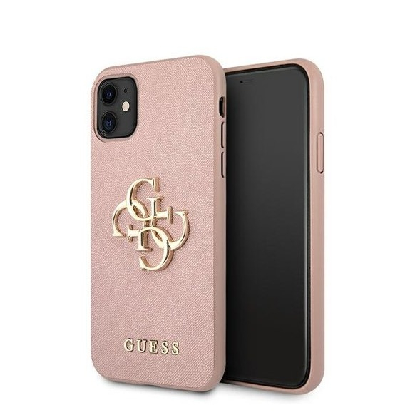 Image of Guess - iPhone 11 Leder Saffiano Hardcase Hülle Metall Logo (GUHCN61SA4GGPI) - Rosa / Gold bei Apfelkiste.ch