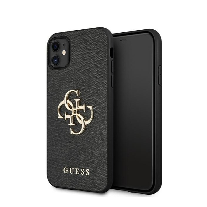 Image of Guess - iPhone 11 Leder Saffiano Hardcase Hülle Metall Logo (GUHCN61SA4GGBK) - Schwarz / Gold bei Apfelkiste.ch