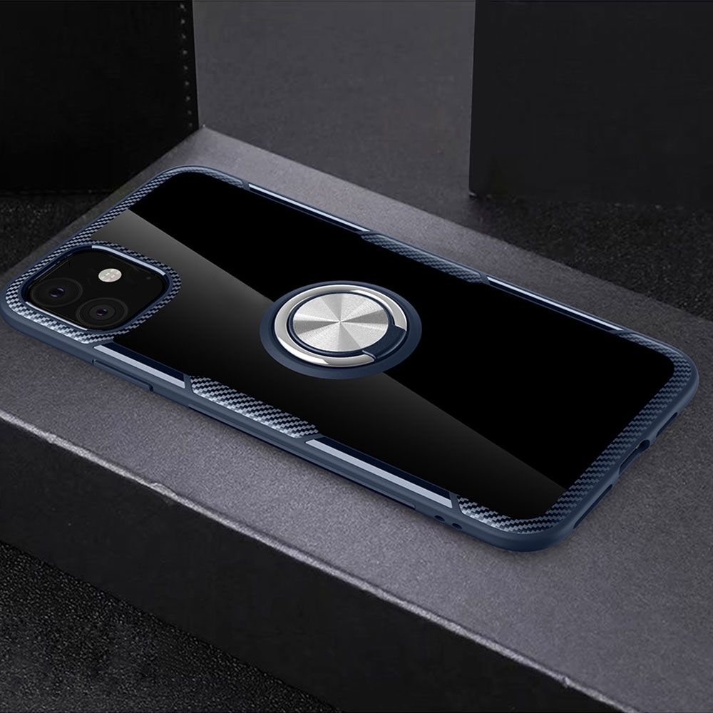 Image of iPhone 11 Hybrid Hardcase Hülle + Magnetischer Kickstand Haltering - Dunkelblau / Silber bei Apfelkiste.ch