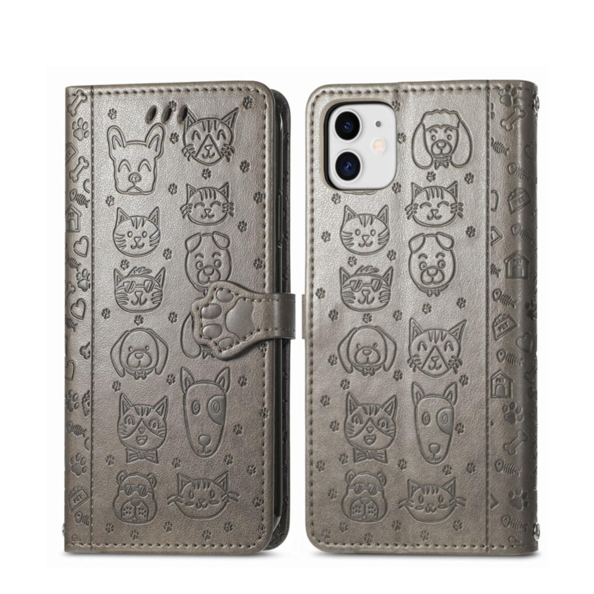 Image of iPhone 11 Leder Tasche Flip Cover Hunde & Katzen Imprint - Grau bei Apfelkiste.ch