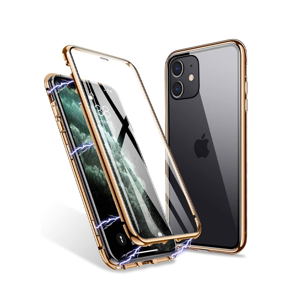 Image of iPhone 11 Magnetische Alu Schutzhülle mit Panzer Glas Backcover + Display- / Kameraschutz (Magnet-Technologie) - Gold bei Apfelkiste.ch
