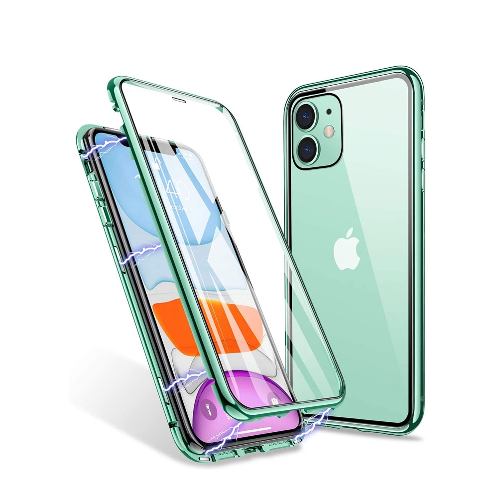 Image of iPhone 11 Magnetische Alu Schutzhülle mit Panzer Glas Backcover + Display- / Kameraschutz (Magnet-Technologie) - Grün bei Apfelkiste.ch