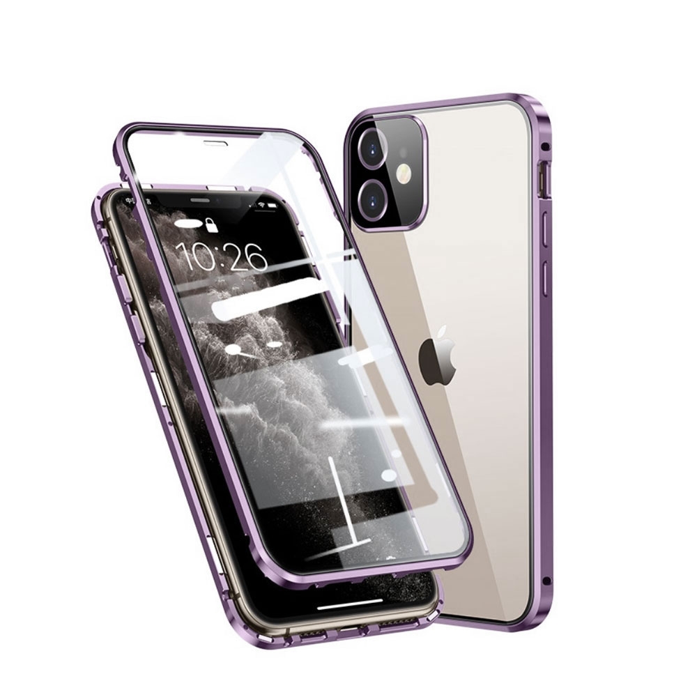 Image of iPhone 11 Magnetische Alu Schutzhülle mit Panzer Glas Backcover + Display- / Kameraschutz (Magnet-Technologie) - Lila bei Apfelkiste.ch