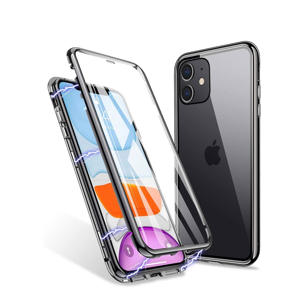 Image of iPhone 11 Magnetische Alu Schutzhülle mit Panzer Glas Backcover + Display- / Kameraschutz (Magnet-Technologie) - Schwarz bei Apfelkiste.ch
