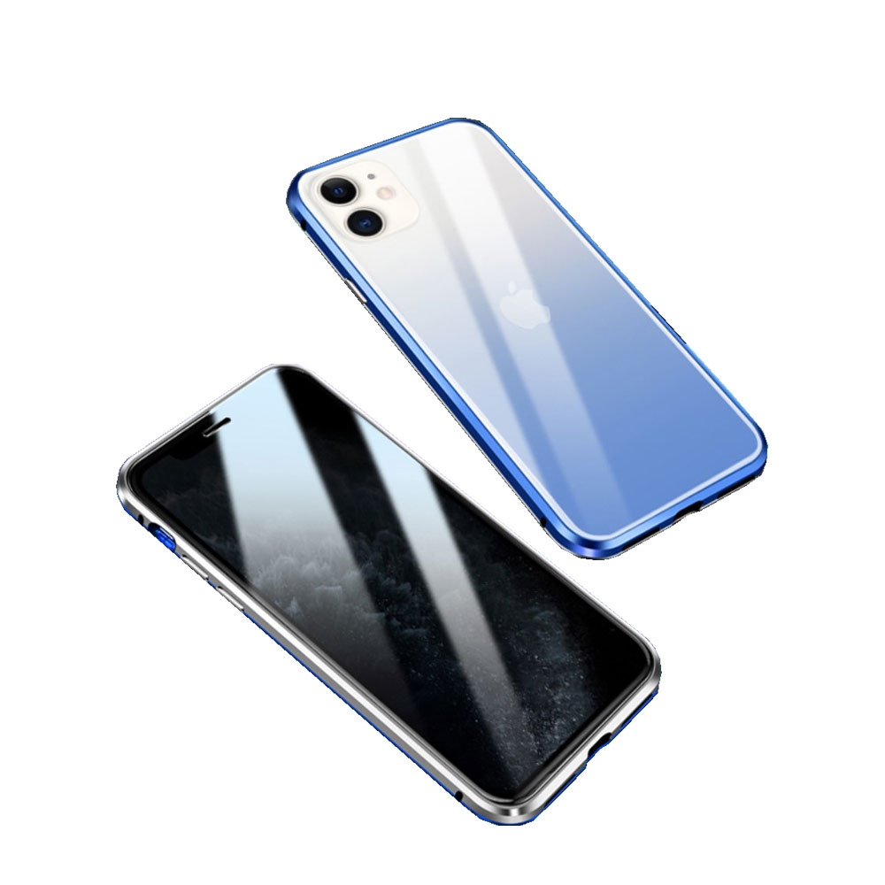 Image of iPhone 11 Magnetische Alu Schutzhülle mit Panzer Glas Backcover + Privacy Displayschutz (Magnet-Technologie) - Silber / Blau bei Apfelkiste.ch