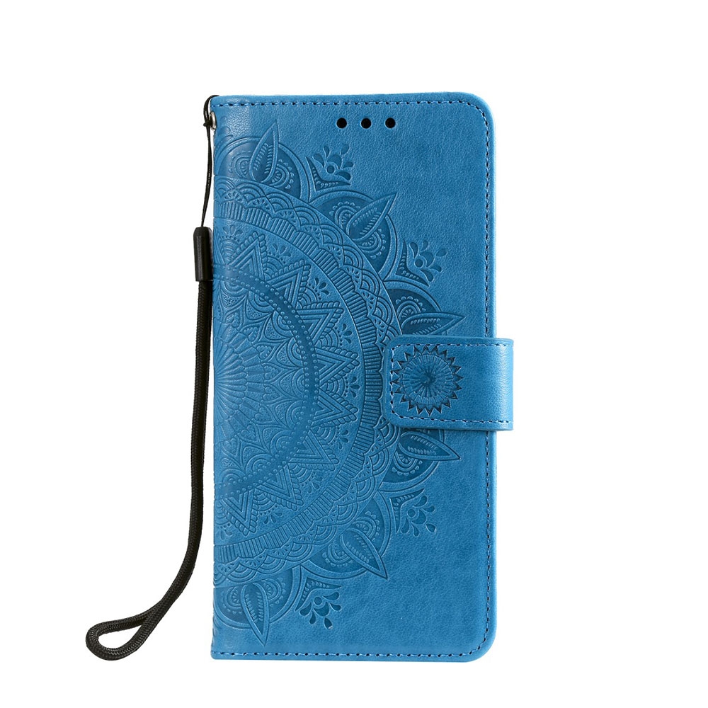 iPhone 11 Pro Leder Tasche mit Kartenfach + Handschlaufe Blumen Mandala - Blau