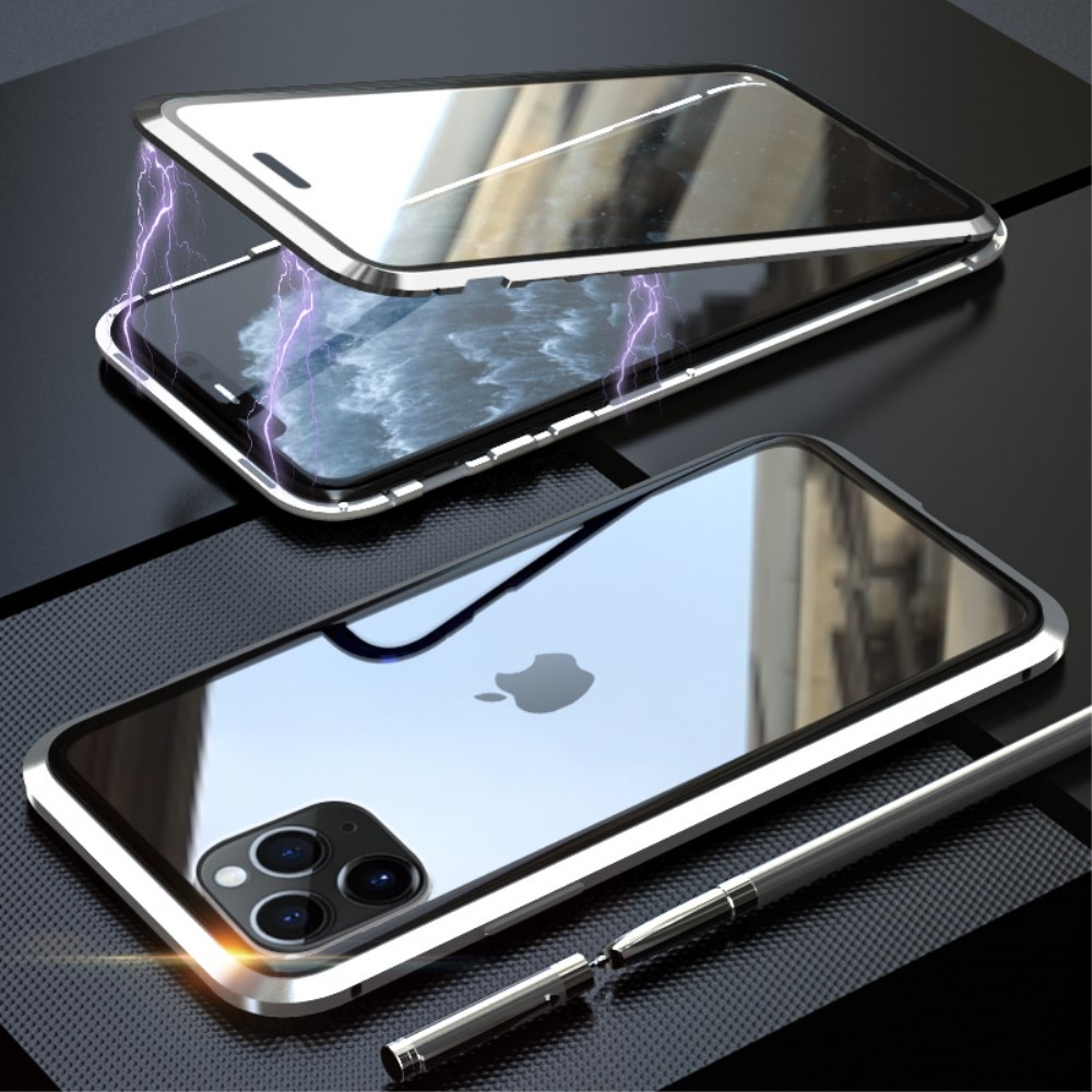 Image of iPhone 11 Pro Magnetische Alu Schutzhülle mit Panzer Glas Backcover + Displayschutz (Magnet-Technologie) - Silber bei Apfelkiste.ch