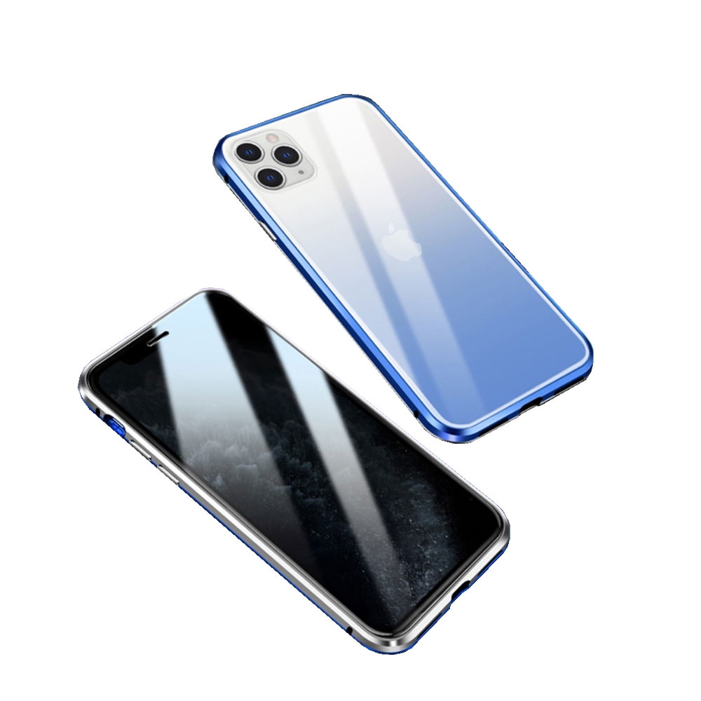 iPhone 11 Pro Magnetische Alu Schutzhülle mit Panzer Glas Backcover + Privacy Displayschutz (Magnet-Technologie) - Silber / Blau