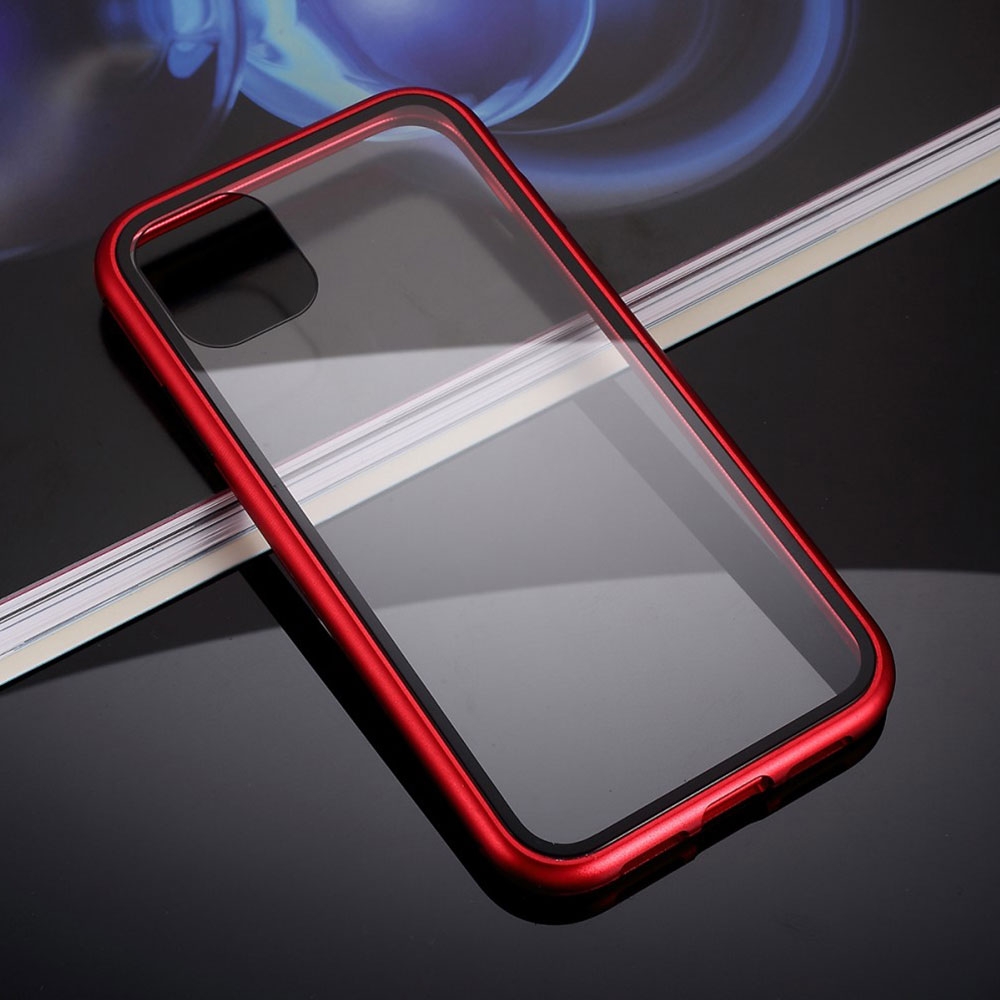 iPhone 11 Pro Max Magnetische Alu Schutzhülle mit Panzer Glas Backcover (Magnet-Technologie) Smooth Edge Design - Rot
