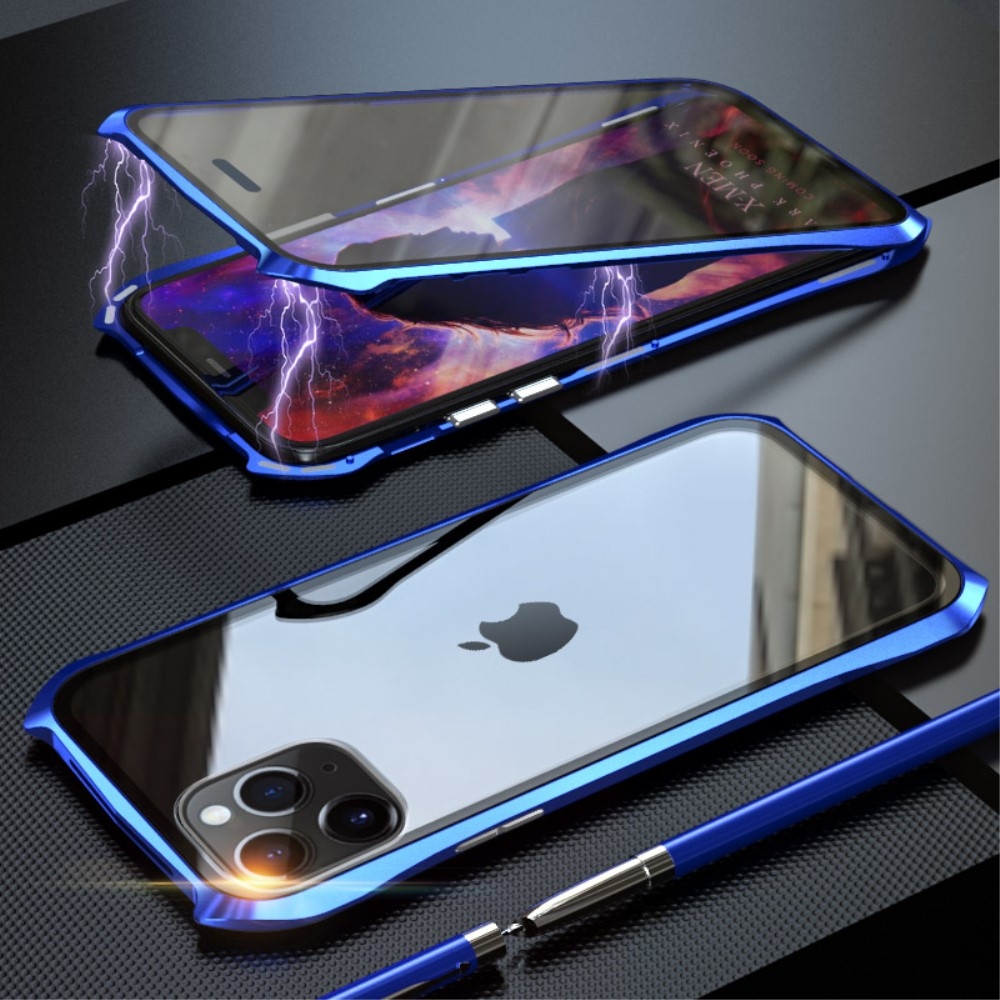 Image of iPhone 11 Pro Max Magnetische Alu Schutzhülle mit Panzer Glas Backcover mit verstärkten Ecken + Displayschutz (Magnet-Technologie) - Dunkelblau bei Apfelkiste.ch