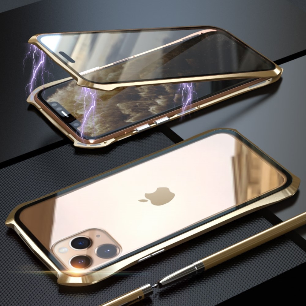 iPhone 11 Pro Max Magnetische Alu Schutzhülle mit Panzer Glas Backcover mit verstärkten Ecken + Displayschutz (Magnet-Technologie) - Gold